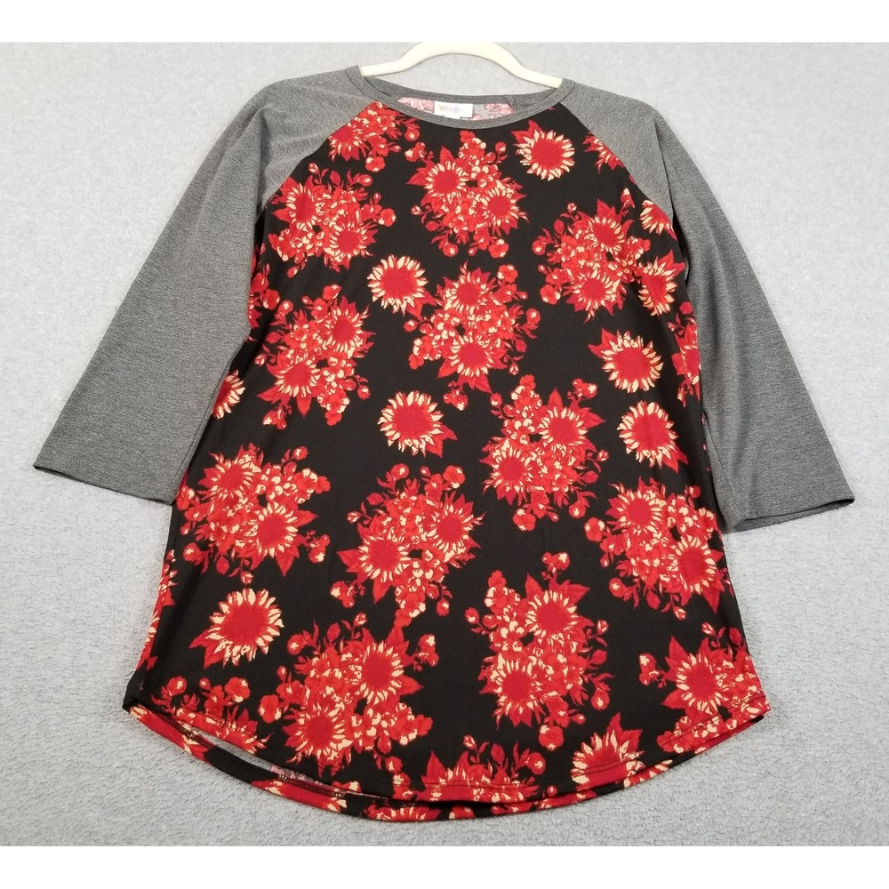 LuLaRoe Randy T-Shirt Womens Medium Red Gray Floral Raglan Baseball Tee Casual